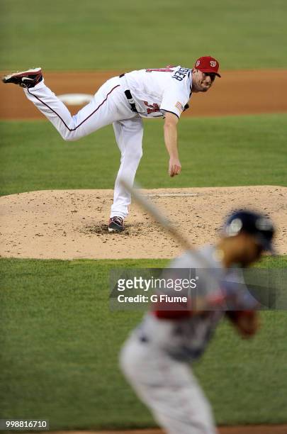 Max Scherzer of the Washington Nationals pitches against the Boston Red Sox at Nationals Park on July 2, 2018 in Washington, DC.
