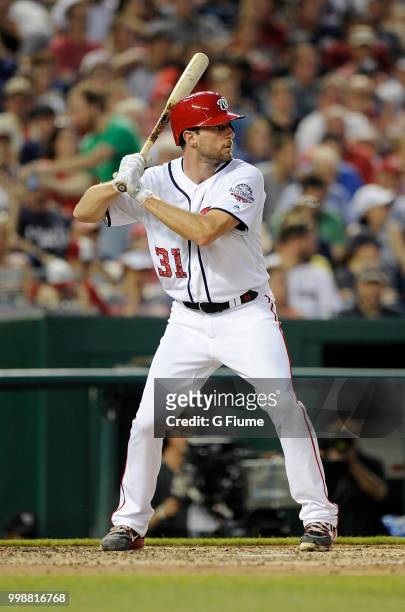 Max Scherzer of the Washington Nationals bats against the Boston Red Sox at Nationals Park on July 2, 2018 in Washington, DC.