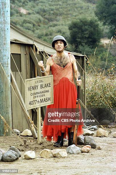 Portrait of American actor Jamie Farr, in costume as Corporal Maxwell Klinger, in a scene from the television series 'MASH,' California, 1974.