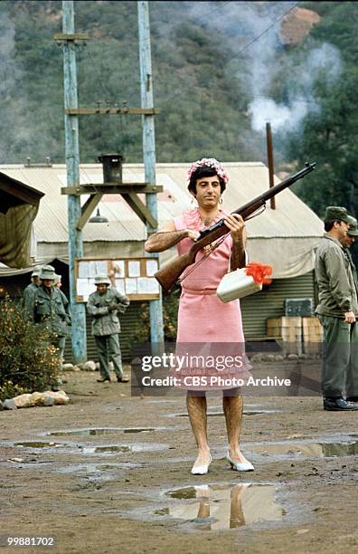 Portrait of American actor Jamie Farr, in costume as Corporal Maxwell Klinger, in a scene from the television series 'MASH,' California, 1980.