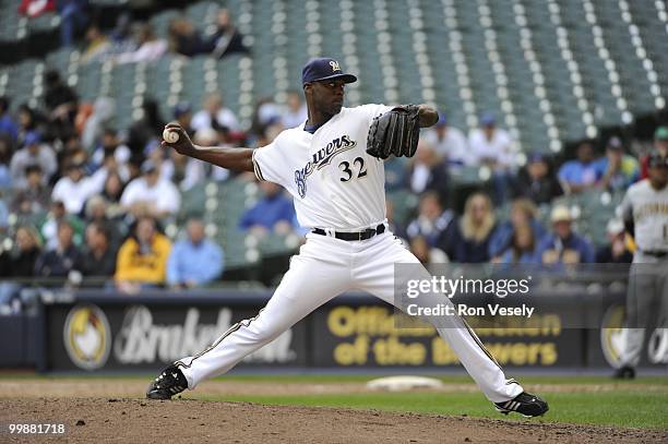 LaTroy Hawkins of the Milwaukee Brewers pitches against the Pittsburgh Pirates on April 28, 2010 at Miller Park in Milwaukee, Wisconsin. The Pirates...