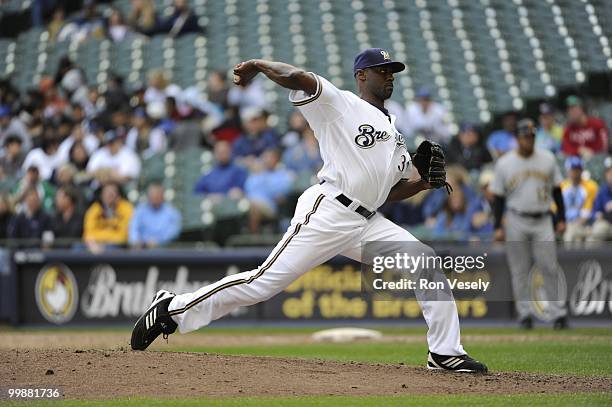 LaTroy Hawkins of the Milwaukee Brewers pitches against the Pittsburgh Pirates on April 28, 2010 at Miller Park in Milwaukee, Wisconsin. The Pirates...