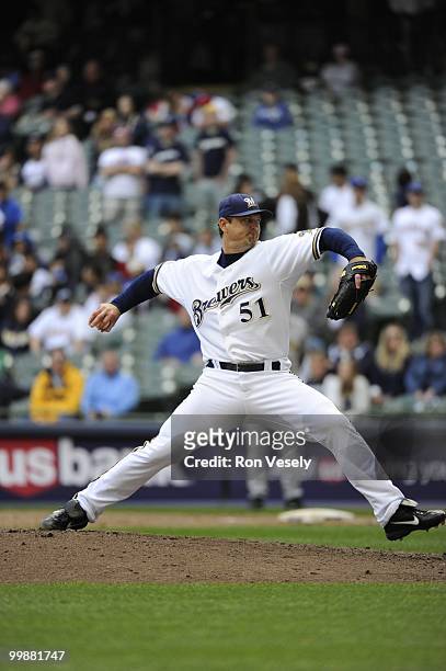 Trevor Hoffman the Milwaukee Brewers pitches against the Pittsburgh Pirates on April 28, 2010 at Miller Park in Milwaukee, Wisconsin. The Pirates...