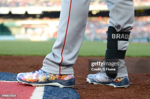 Detail view of Jackie Bradley Jr. #19 of the Boston Red Sox shoes during the game against the Washington Nationals at Nationals Park on July 2, 2018...
