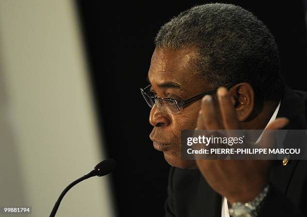 Haiti's Prime Minister Jean Max Bellerive gestures as he attends a joint press conference with President of Dominican Republic's Leonel Fernandez...