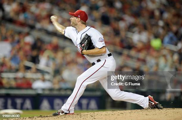 Max Scherzer of the Washington Nationals pitches against the Boston Red Sox at Nationals Park on July 2, 2018 in Washington, DC.