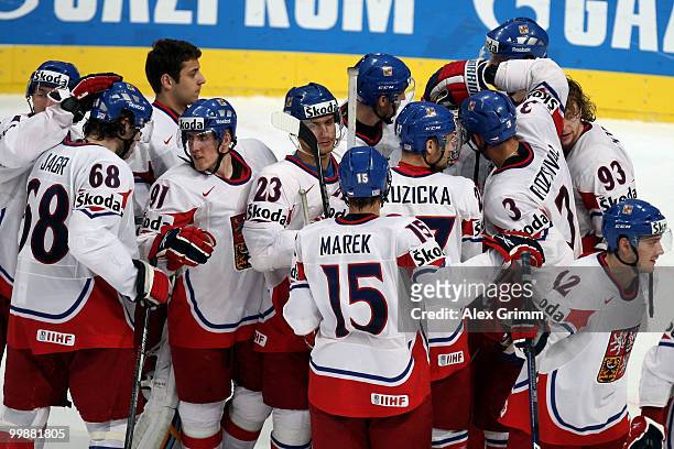 Players of Czech Republic celebrate after the IIHF World Championship group F qualification round match between Canada and Czech Republic at SAP...