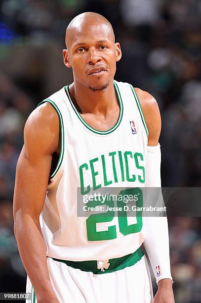 Ray Allen of the Boston Celtics looks across the court in Game Six of the Eastern Conference Semifinals against the Cleveland Cavaliers during the...