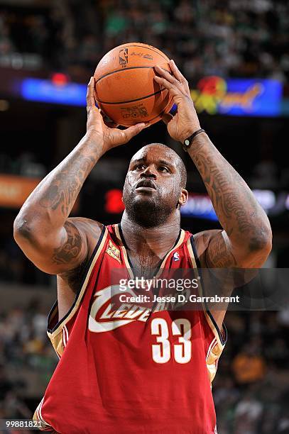 Shaquille O'Neal of the Cleveland Cavaliers shoots a free throw in Game Six of the Eastern Conference Semifinals against the Boston Celtics during...