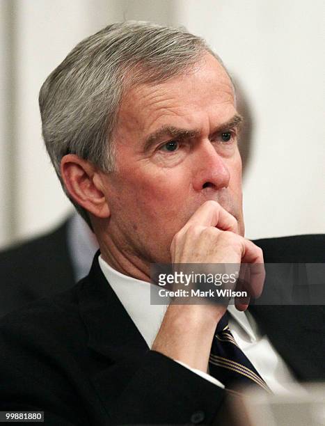 Chairman Jeff Bingaman , listens to Interior Secretary Ken Salazar testify during a Senate Energy and Natural Resources Committee hearing on Capitol...