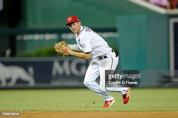 Trea Turner of the Washington Nationals throws the ball to first base against the Boston Red Sox at Nationals Park on July 2, 2018 in Washington, DC.