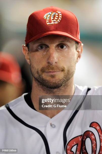 Max Scherzer of the Washington Nationals watches the game against the Boston Red Sox at Nationals Park on July 2, 2018 in Washington, DC.