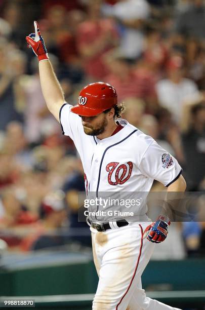 Daniel Murphy of the Washington Nationals celebrates after hitting a home run against the Boston Red Sox at Nationals Park on July 2, 2018 in...