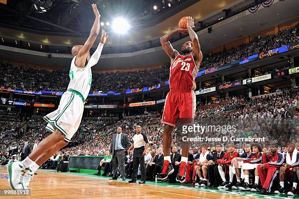 LeBron James of the Cleveland Cavaliers shoots over Ray Allen of the Boston Celtics in Game Six of the Eastern Conference Semifinals during the 2010...