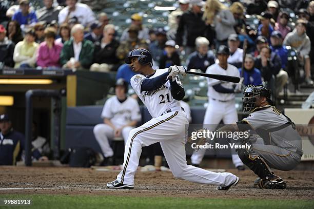 Alcides Escobar of the Milwaukee Brewers bats against the Pittsburgh Pirates on April 28, 2010 at Miller Park in Milwaukee, Wisconsin. The Pirates...