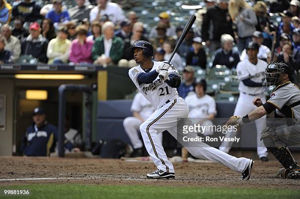 Alcides Escobar of the Milwaukee Brewers bats against the Pittsburgh Pirates on April 28, 2010 at Miller Park in Milwaukee, Wisconsin. The Pirates...