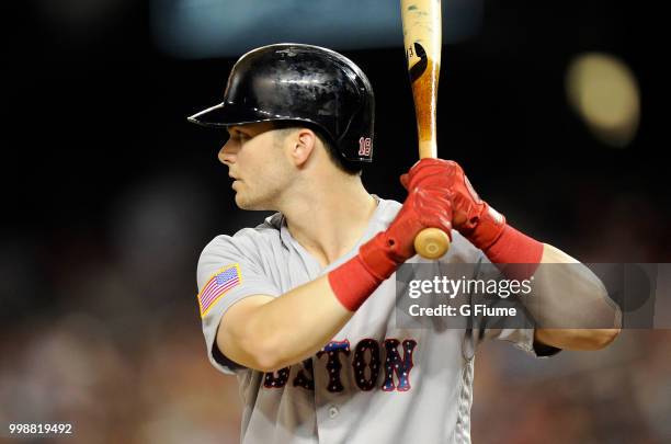 Andrew Benintendi of the Boston Red Sox bats against the Washington Nationals at Nationals Park on July 2, 2018 in Washington, DC.