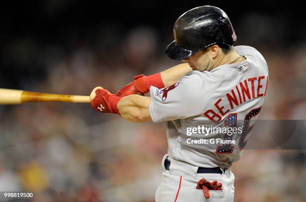 Andrew Benintendi of the Boston Red Sox bats against the Washington Nationals at Nationals Park on July 2, 2018 in Washington, DC.