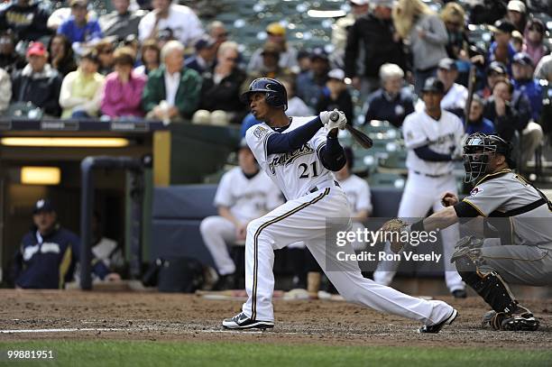 Alcides Escobar of the Milwaukee Brewers bats against the Pittsburgh Pirates on April 28, 2010 at Miller Park in Milwaukee, Wisconsin. The Pirates...