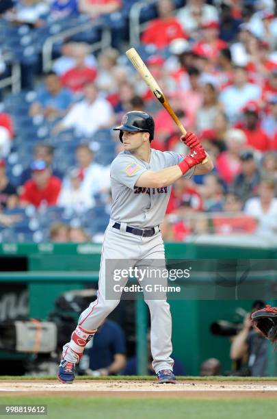 Andrew Benintendi of the Boston Red Sox bats against the Washington Nationals at Nationals Park on July 2, 2018 in Washington, DC.