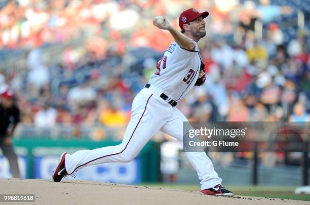 Max Scherzer of the Washington Nationals pitches against the Boston Red Sox at Nationals Park on July 2, 2018 in Washington, DC.