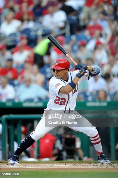 Juan Soto of the Washington Nationals bats against the Boston Red Sox at Nationals Park on July 2, 2018 in Washington, DC.