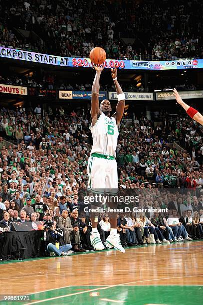 Kevin Garnett of the Boston Celtics shoots against the Cleveland Cavaliers in Game Six of the Eastern Conference Semifinals during the 2010 NBA...