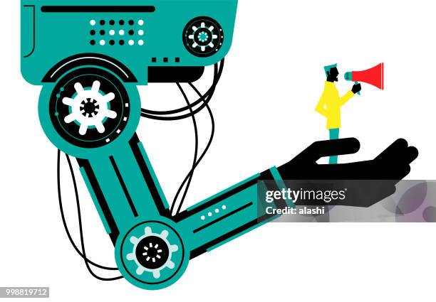 engineer (businessman) with megaphone on robotic arm, side view, partnership, artificial intelligence to benefit people and society - robot hand human hand stock illustrations