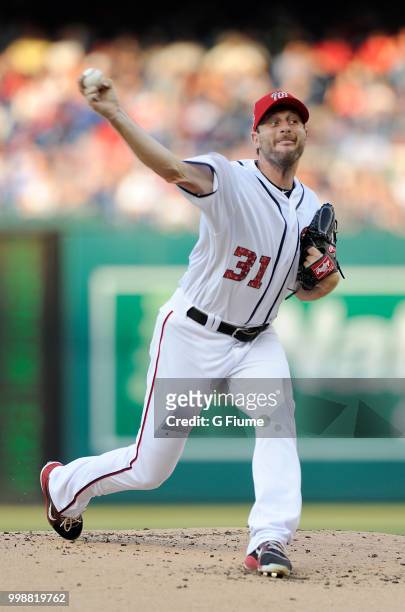 Max Scherzer of the Washington Nationals pitches against the Boston Red Sox at Nationals Park on July 2, 2018 in Washington, DC.