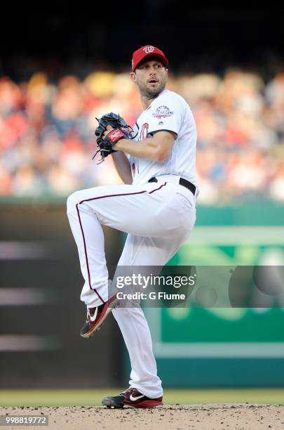 Max Scherzer of the Washington Nationals pitches against the Boston Red Sox at Nationals Park on July 2, 2018 in Washington, DC.