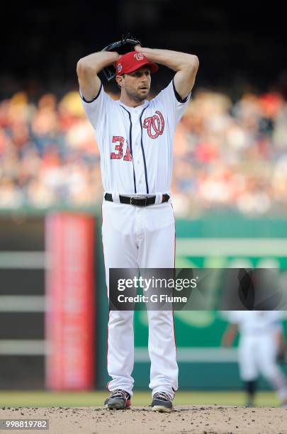 Max Scherzer of the Washington Nationals pitches against the Boston Red Sox at Nationals Park on July 2, 2018 in Washington, DC.