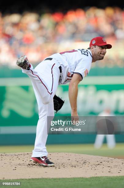 Max Scherzer of the Washington Nationals pitches against the Boston Red Sox at Nationals Park on July 2, 2018 in Washington, DC.