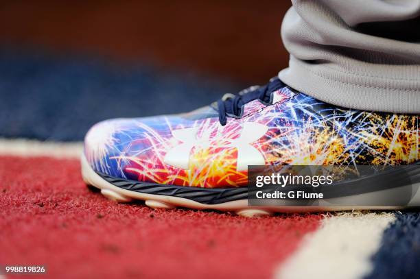 Detail view of Jackie Bradley Jr. #19 of the Boston Red Sox shoes during the game against the Washington Nationals at Nationals Park on July 2, 2018...