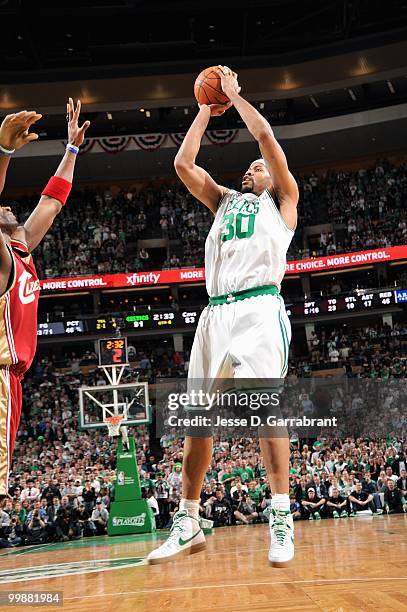 Rasheed Wallace of the Boston Celtics shoots in Game Six of the Eastern Conference Semifinals against the Cleveland Cavaliers during the 2010 NBA...