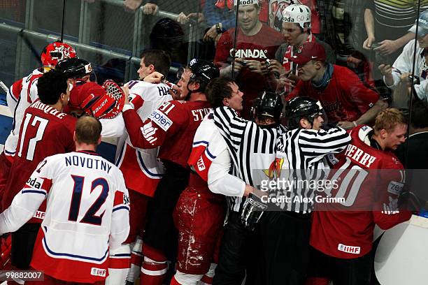 Players of Czech Republic and Canada fight during the IIHF World Championship group F qualification round match between Canada and Czech Republic at...