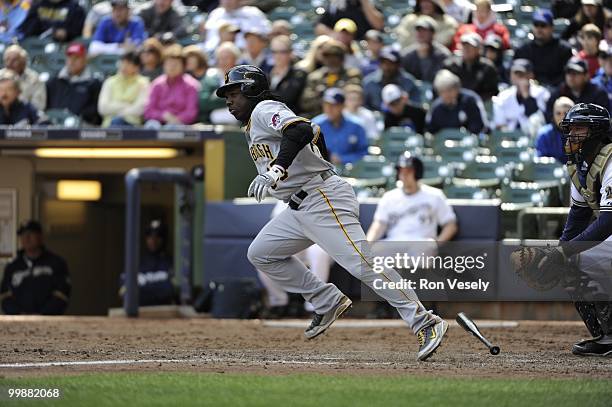 Lastings Milledge of the Pittsburgh Pirates bats against the Milwaukee Brewers on April 28, 2010 at Miller Park in Milwaukee, Wisconsin. The Pirates...