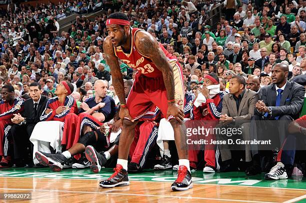 LeBron James of the Cleveland Cavaliers stands on the court in Game Six of the Eastern Conference Semifinals against the Boston Celtics during the...