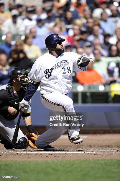 Prince Fielder of the Milwaukee Brewers bats against the Pittsburgh Pirates on April 28, 2010 at Miller Park in Milwaukee, Wisconsin. The Pirates...