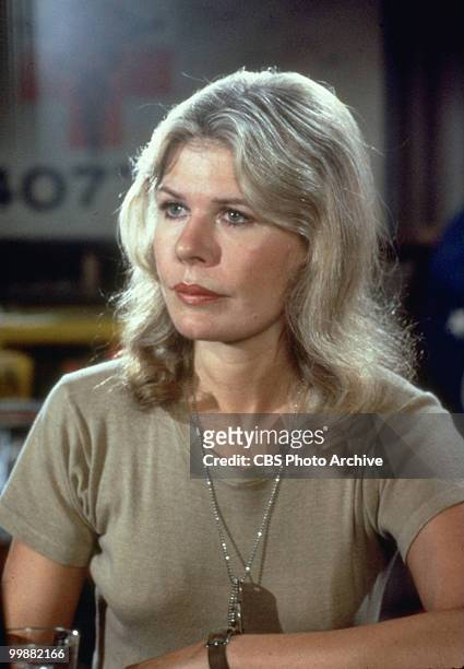 Close-up of American actress Loretta Swit, in costume as Major Margaret Houlihan, in a scene from the television series 'MASH,' California, 1974.