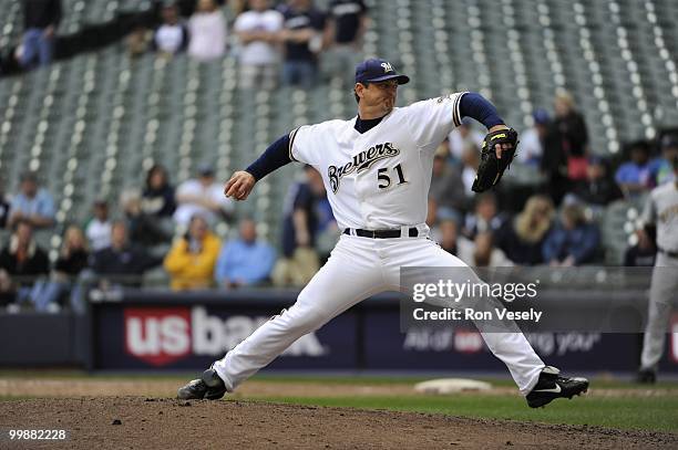 Trevor Hoffman the Milwaukee Brewers pitches against the Pittsburgh Pirates on April 28, 2010 at Miller Park in Milwaukee, Wisconsin. The Pirates...