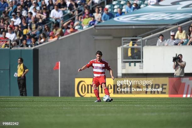 Heath Pearce of FC Dallas plays the ball during the game against Philadelphia Union on May 15, 2010 at Lincoln Financial Field in Philadelphia,...