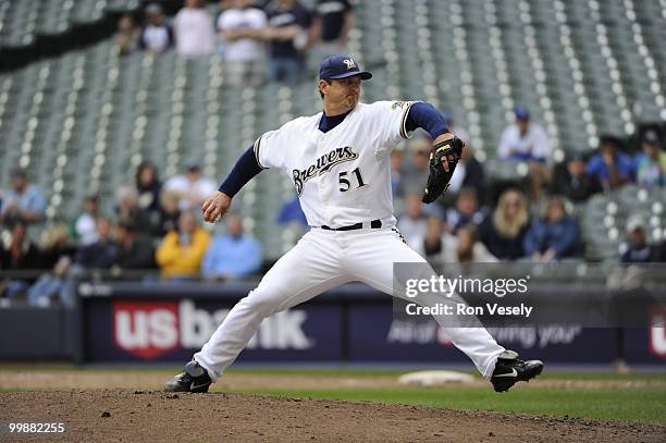 Trevor Hoffman the Milwaukee Brewers pitches against the Pittsburgh Pirates on April 28, 2010 at Miller Park in Milwaukee, Wisconsin. The Pirates...