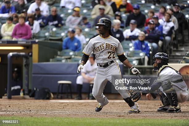 Andrew McCutchen of the Pittsburgh Pirates bats against the Milwaukee Brewers on April 28, 2010 at Miller Park in Milwaukee, Wisconsin. The Pirates...