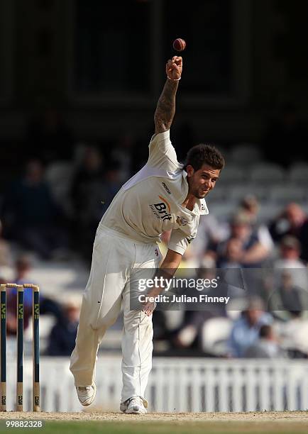 Jade Dernbach of Surrey bowls during day two of the LV= County Championship Division Two match between Surrey and Middlesex at The Brit Oval on May...