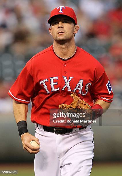 Michael Young of the Texas Rangers on May 17, 2010 at Rangers Ballpark in Arlington, Texas.