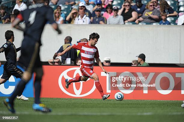 Heath Pearce of FC Dallas plays the ball during the game against Philadelphia Union on May 15, 2010 at Lincoln Financial Field in Philadelphia,...