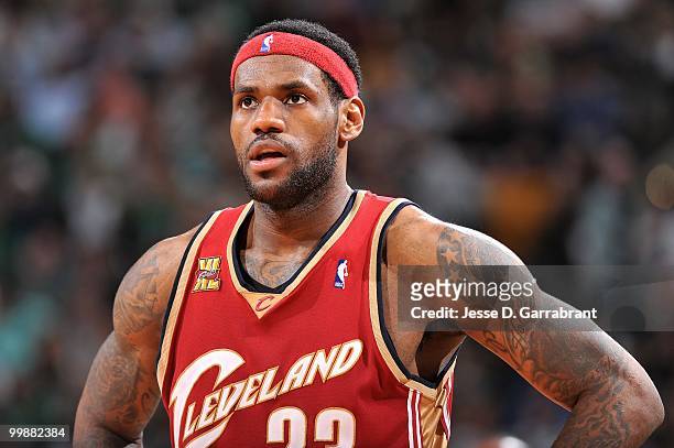 LeBron James of the Cleveland Cavaliers looks across the court in Game Six of the Eastern Conference Semifinals against the Boston Celtics during the...