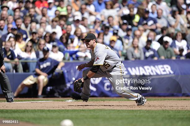 Andy LaRoche of the Pittsburgh Pirates fields against the Milwaukee Brewers on April 28, 2010 at Miller Park in Milwaukee, Wisconsin. The Pirates...