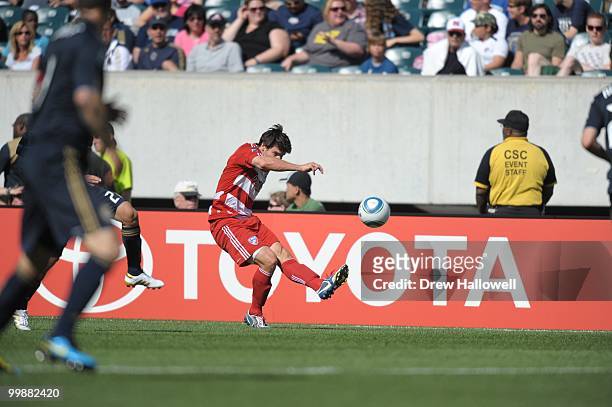 Heath Pearce of FC Dallas plays the ball during the game against Philadelphia Union on May 15, 2010 at Lincoln Financial Field in Philadelphia,...
