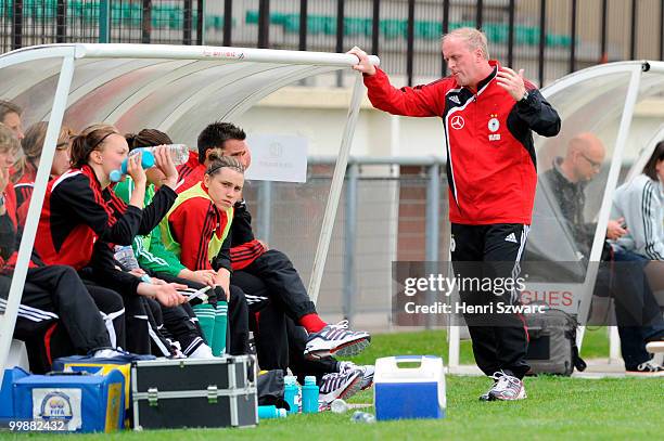 Head coach Ralf Peter of Germany reacts during the U16 Women international friendly match between France and Germany at Parc des Sports Stadium on...